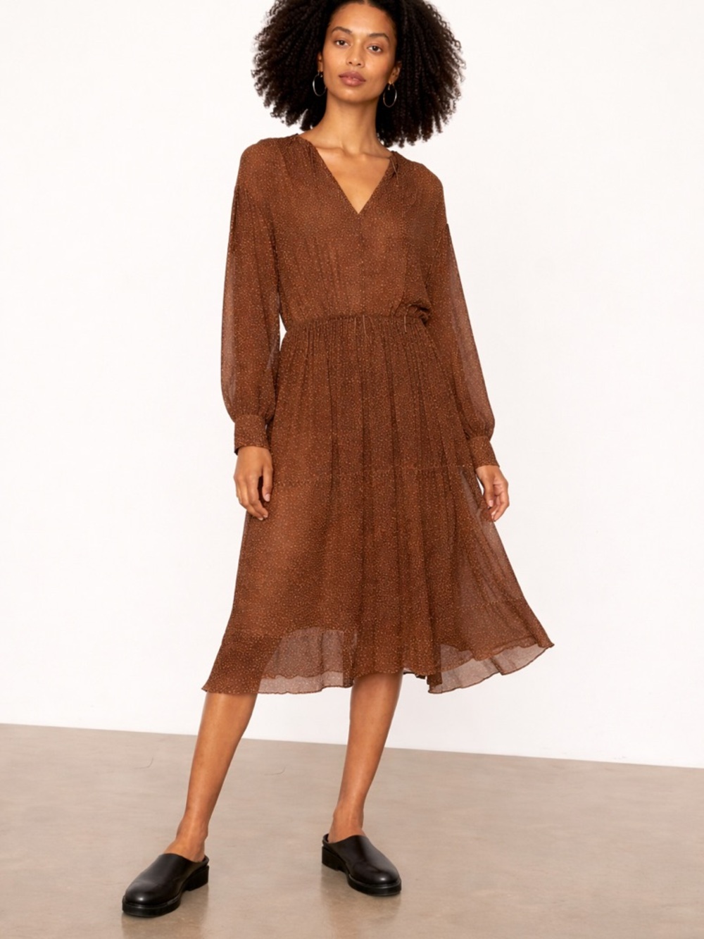 Vince Starry Dot Midi Dress Brown Long Sleeve Sheer Tiered Size Small